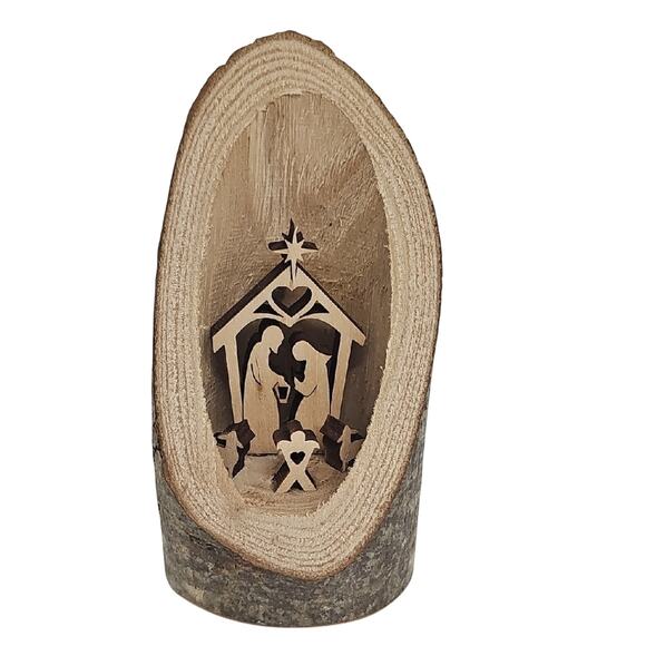 Source Unknown Other - Miniature Rustic Wooden Nativity Scene Carved Out of Small Tree Branch 4.5x2.25"